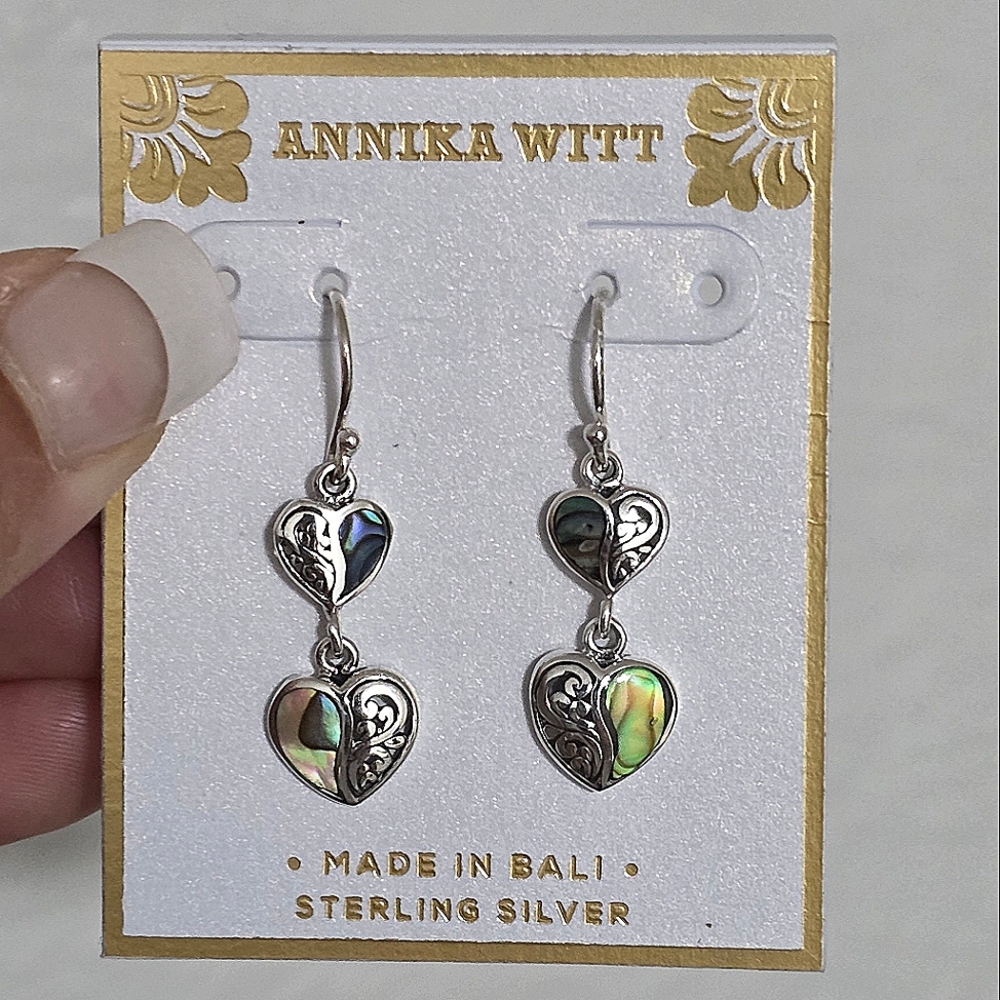 ANNIKA WITT STERLING SILVER ABALONE MOTHER OF PEARL HEART 1.25"  EARRINGS BALI
